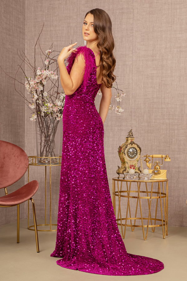 Asymmetric Sleeveless Feather Sequin Velvet Mermaid Dress-2