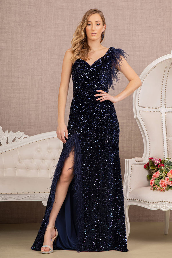 Asymmetric Sleeveless Feather Sequin Velvet Mermaid Dress-1