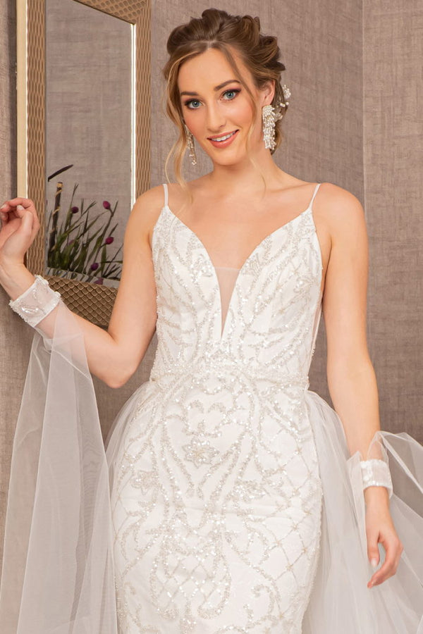 Jewel Bead Wedding Dress w/ Detachable Waist Long Mesh Layer-4