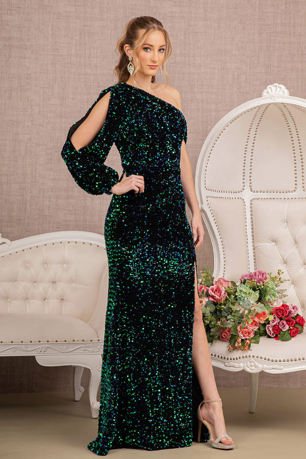 Sequin Asymmetric Velvet Mermaid Dress w/ One Long Puff Sleeve-2