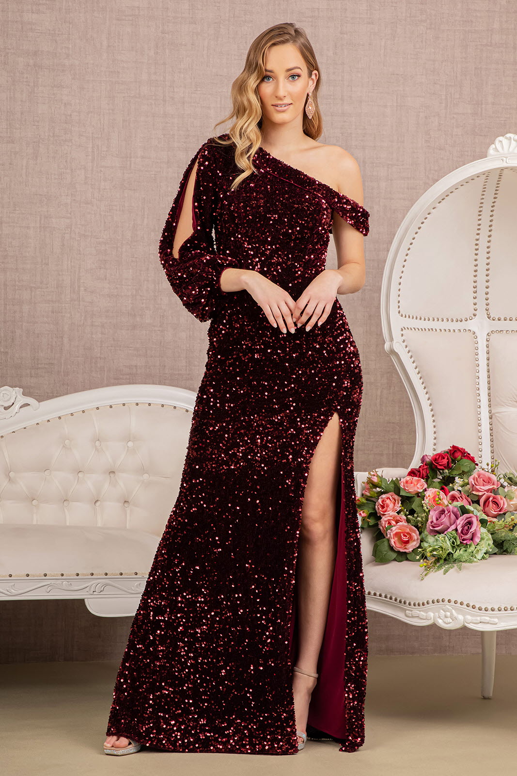 Sequin Asymmetric Velvet Mermaid Dress w/ One Long Puff Sleeve-4