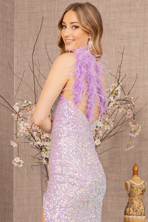 Sequin Asymmetric Cut-out Back Mermaid Dress w/ Feather Strap-4