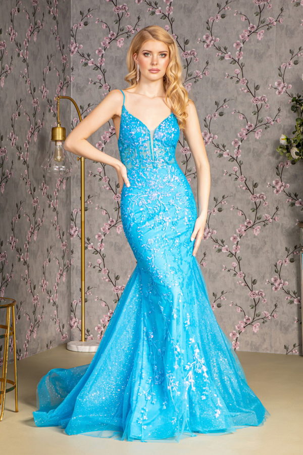 Glitter Sequin Sheer Bodice Mesh Trumpet Long Dress-1