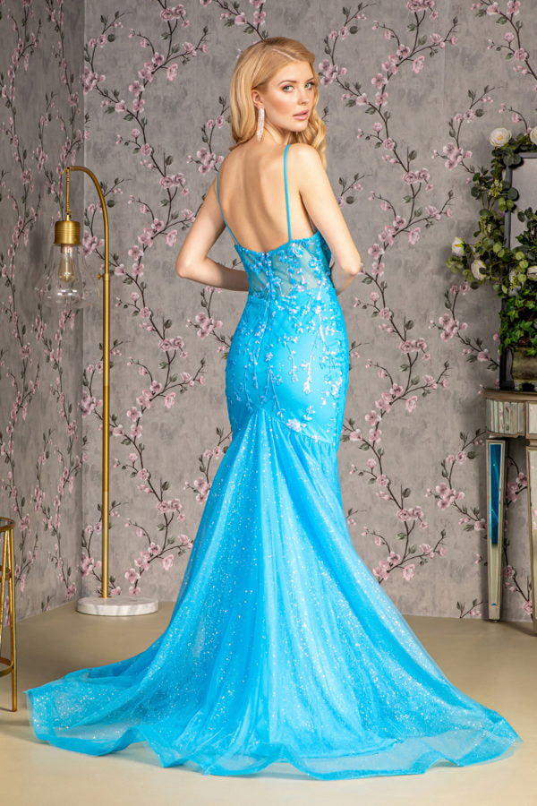 Glitter Sequin Sheer Bodice Mesh Trumpet Long Dress-3