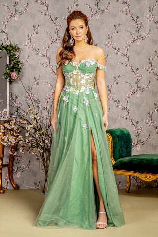 Glitter Jewel Sheer Bodice Off Shoulder Mesh A-line Long Prom Dress GLGL3227-0