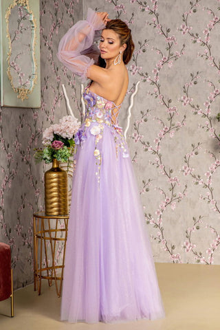 3-D Flower Glitter Mesh A-line Long Dress w/ Long Sleeves-2