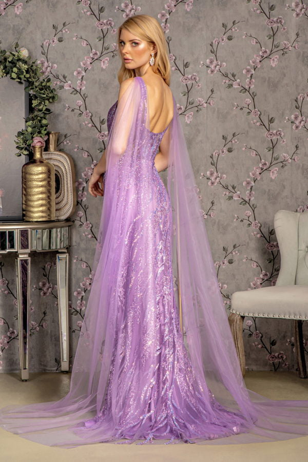 Glitter Sequin Mermaid Mesh Long Dress w/ Detachable Side Mesh Drapes-2