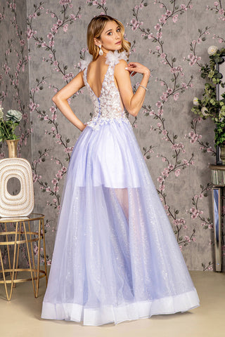 3D Flower Sheer Bodice V-back Mesh A-line Long Prom Dress GLGL3393-1