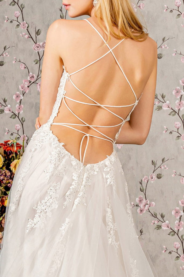 Embroidery Bead Sheer Bodice Open Back Mesh Wedding Gown-3