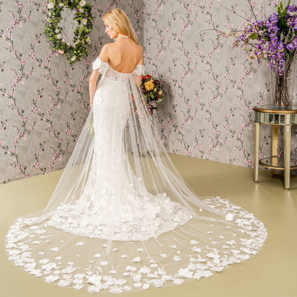 Floral Embroidery Mesh Mermaid Wedding Gown w/ Long Back Drape-2