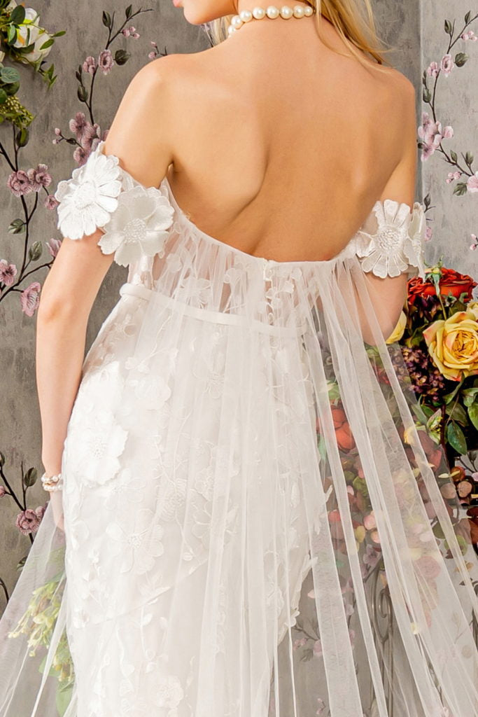 Floral Embroidery Mesh Mermaid Wedding Gown w/ Long Back Drape-4