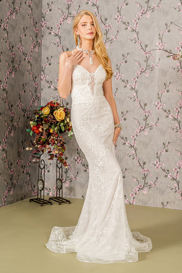 Floral Embroidery Illusion Sweetheart Lace Mermaid Wedding Gown-0