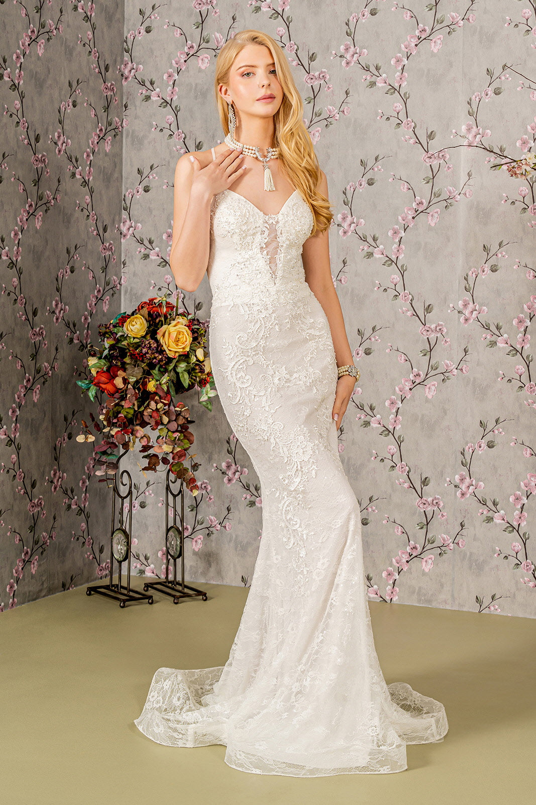 Floral Embroidery Illusion Sweetheart Lace Mermaid Long Wedding Dress GLGL3442-0