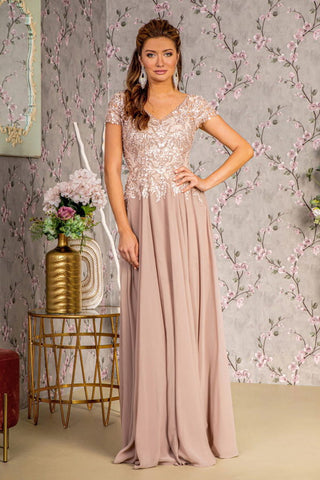 Embroidery Sequin Sheer V-neckline Chiffon A-line Long Dress-4