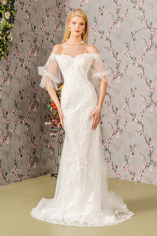 Floral Embroidery Bead Sheer Sleeves Mesh Mermaid Wedding Gown-0