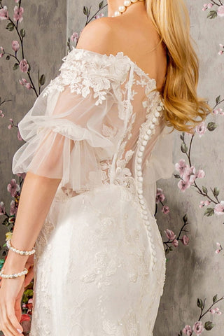 Floral Embroidery Bead Sheer Sleeves Mesh Mermaid Wedding Gown-3