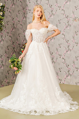 Floral Embroidery Sheer Bodice Mesh A-line Wedding Gown-0