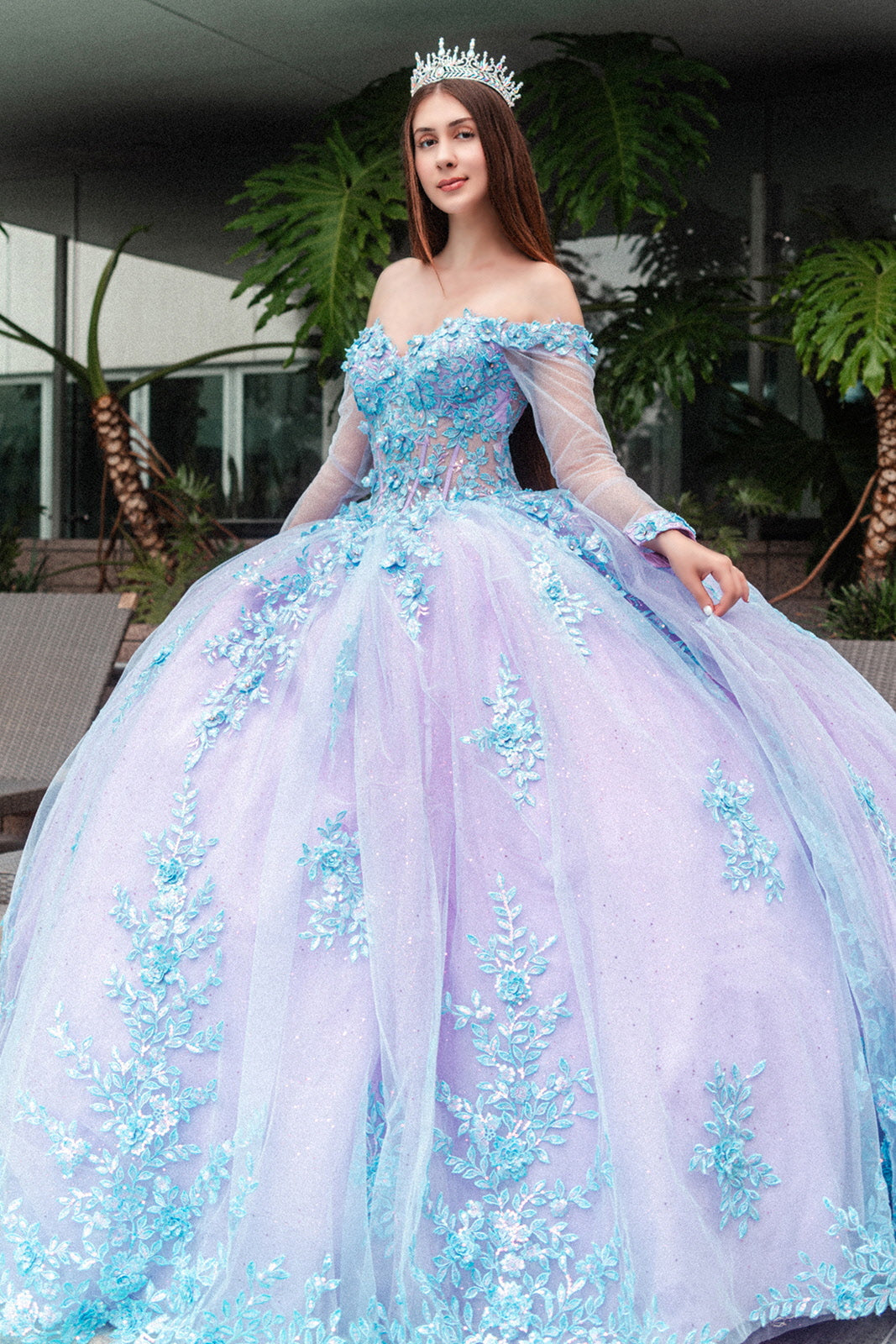 3D Floral Applique Embellished Cut-Away Shoulder Quinceanera Dress Long Mesh Sleeve GLGL3503-0