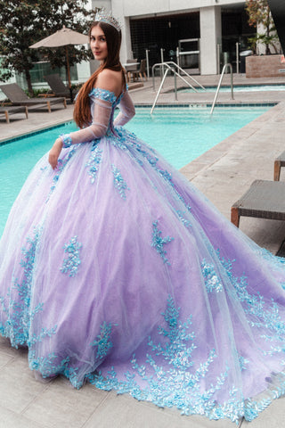 3D Floral Applique Embellished Cut-Away Shoulder Quinceanera Dress Long Mesh Sleeve GLGL3503-1