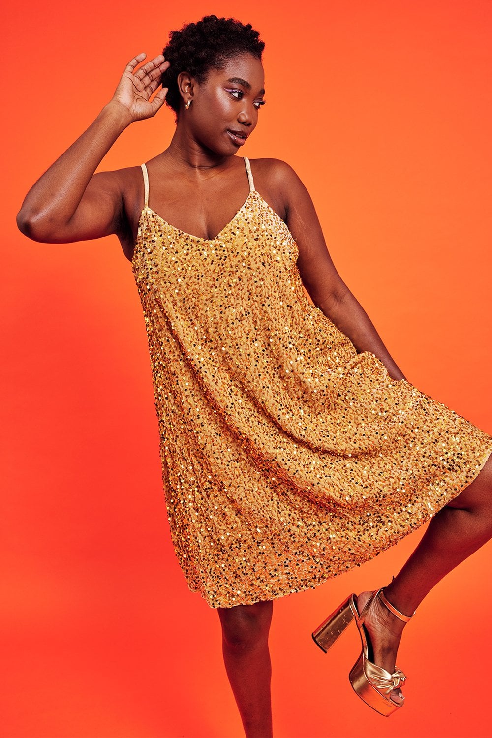 Gold Sequin Curve Size Cami Swing Dress-2