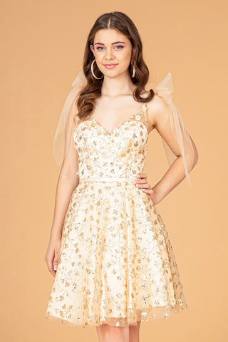 Glitter Mesh Babydoll w/ Ribbon Attachment on Shoulder Short Homecoming Dress GLGS3088-3