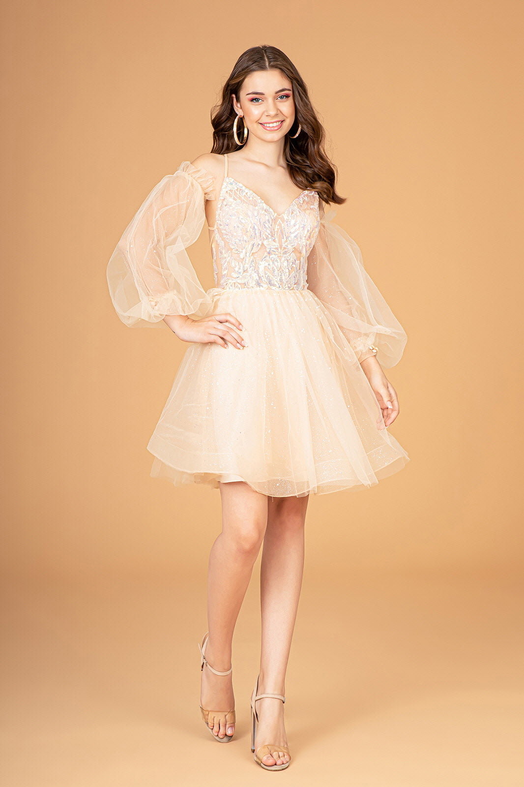 Sheer Bodice Glitter w/ Detachable Mesh Long Sleeves Short Homecoming Dress GLGS3095-1