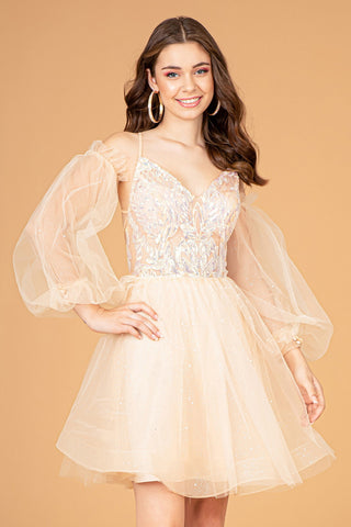 Sheer Bodice Glitter w/ Detachable Mesh Long Sleeves Short Homecoming Dress GLGS3095-3