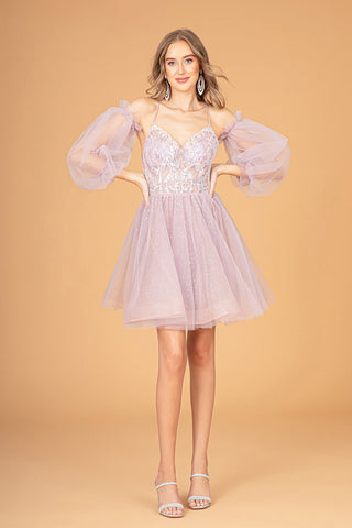 Sheer Bodice Glitter w/ Detachable Mesh Long Sleeves Short Homecoming Dress GLGS3095-5