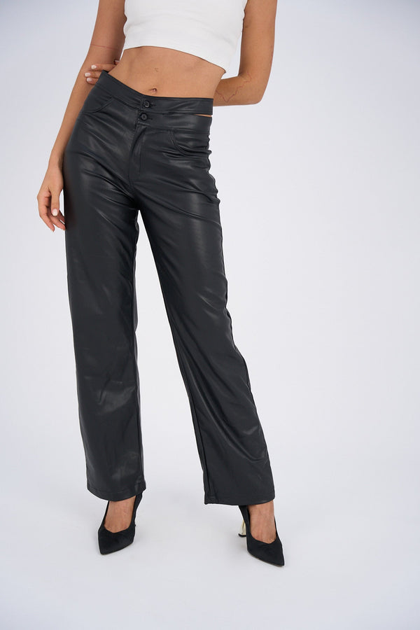 Faux Leather Wide Leg Pants - Black-0