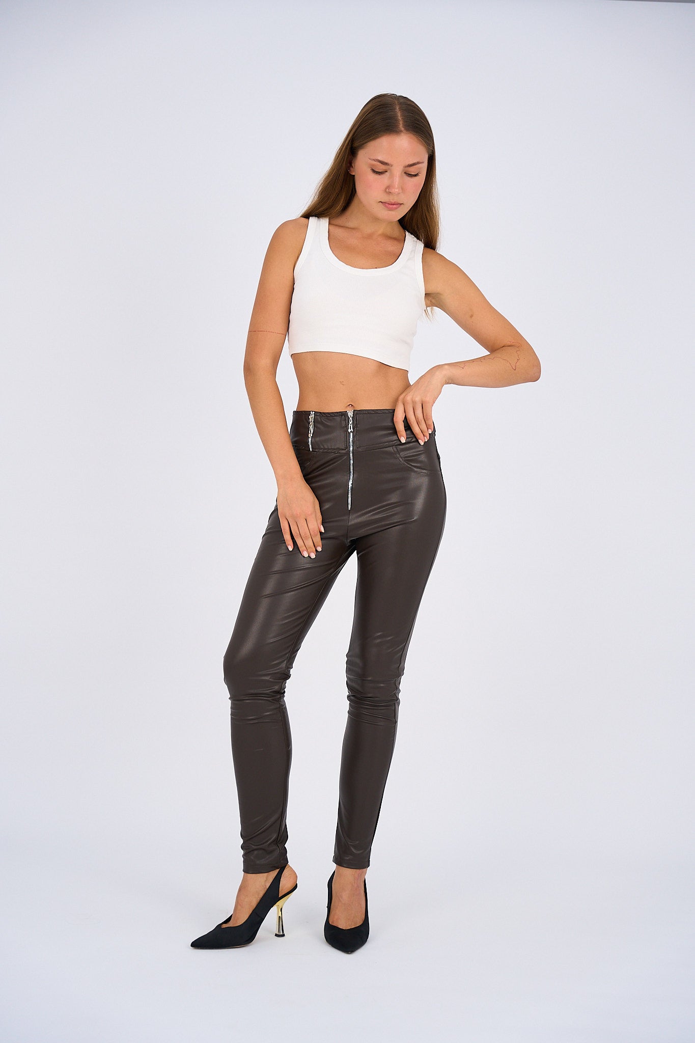 Faux-Leather Leggings - Brown-2