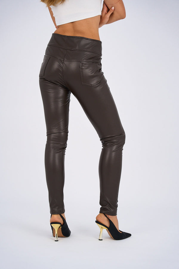 Faux-Leather Leggings - Brown-3