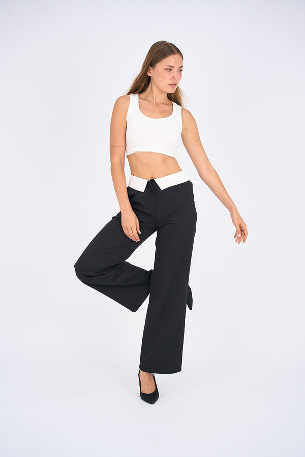 Reversed Waistband Wide Leg Pants - Black-2