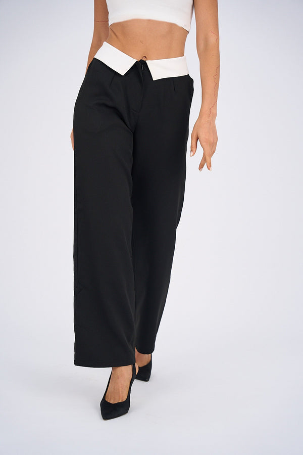 Reversed Waistband Wide Leg Pants - Black-4