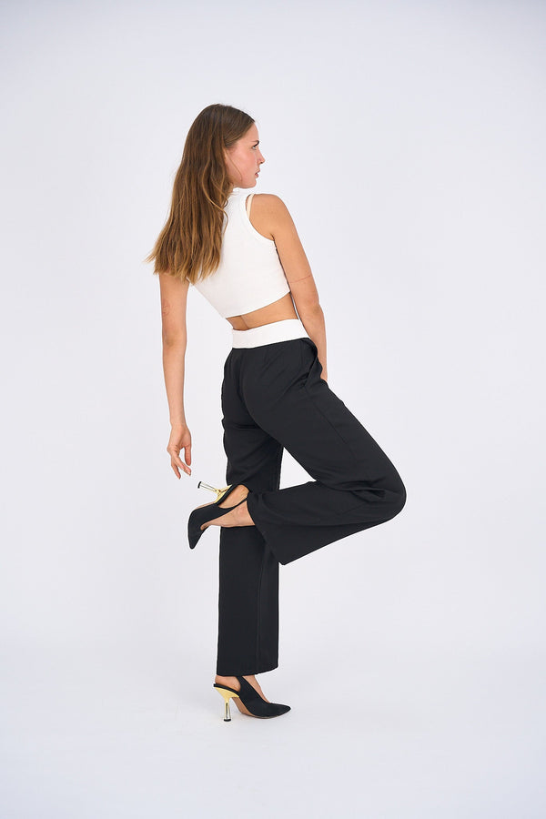 Reversed Waistband Wide Leg Pants - Black-1