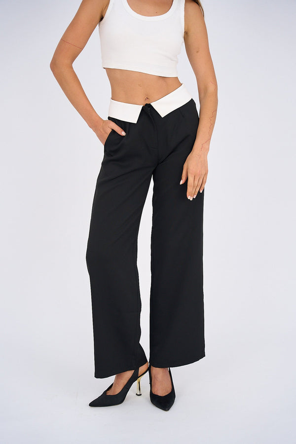 Reversed Waistband Wide Leg Pants - Black-0