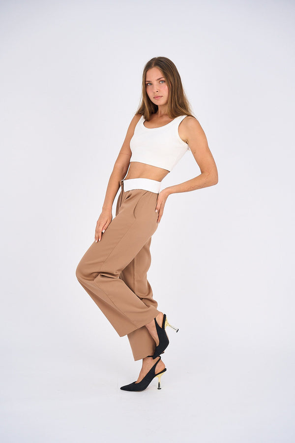 Reversed Waistband Wide Leg Pants - Beige-1