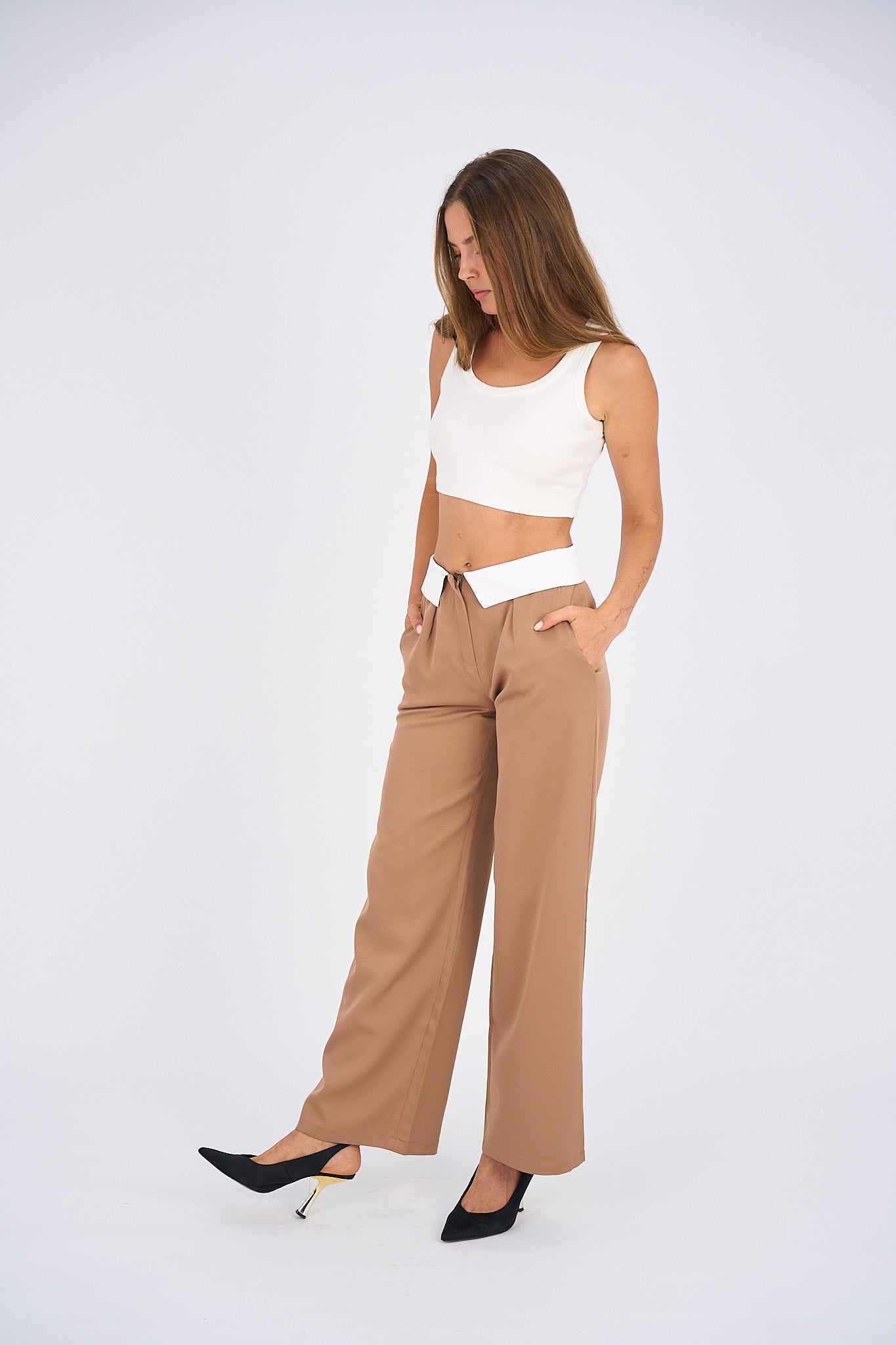 Reversed Waistband Wide Leg Pants - Beige-4