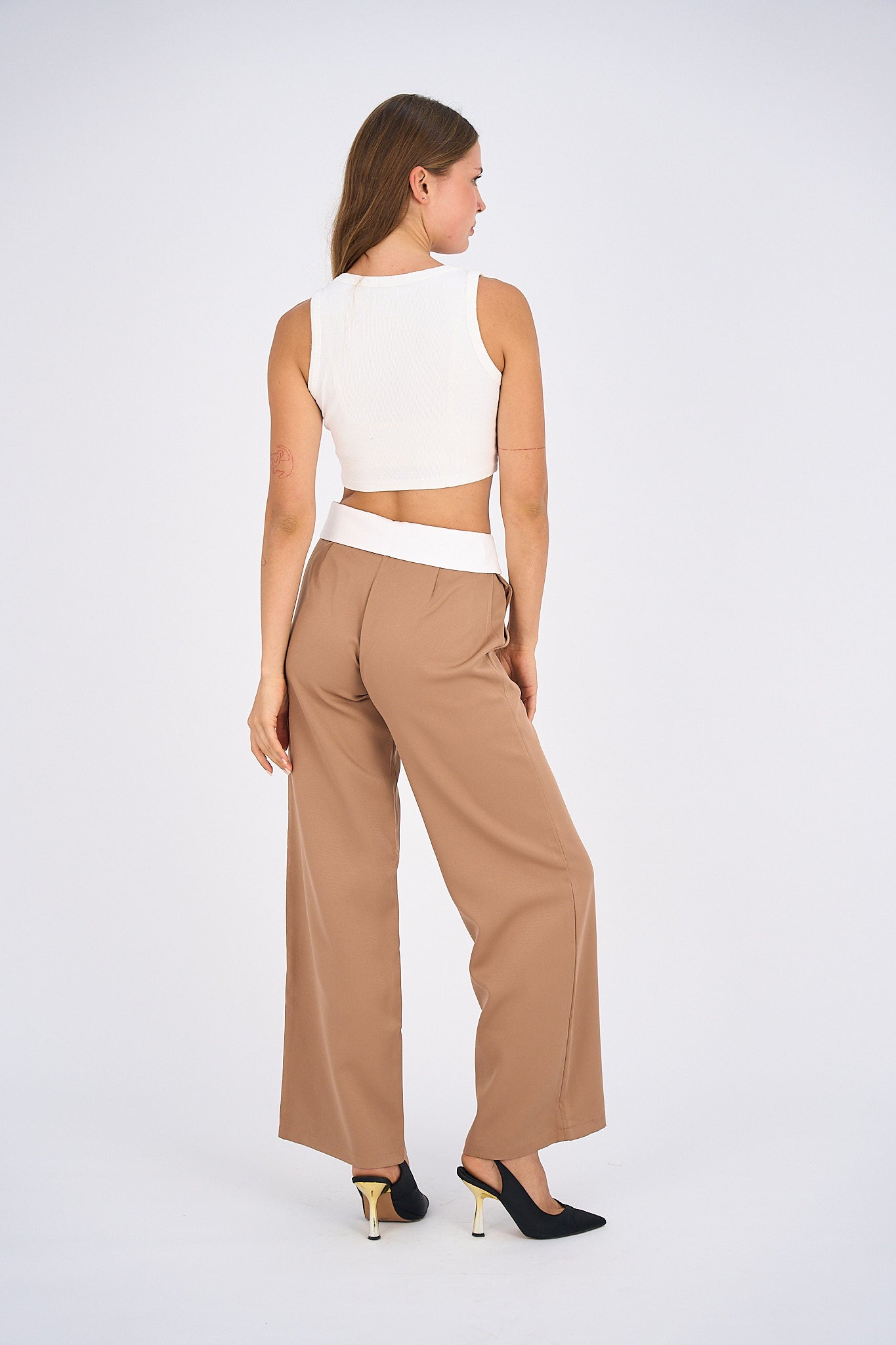 Reversed Waistband Wide Leg Pants - Beige-2