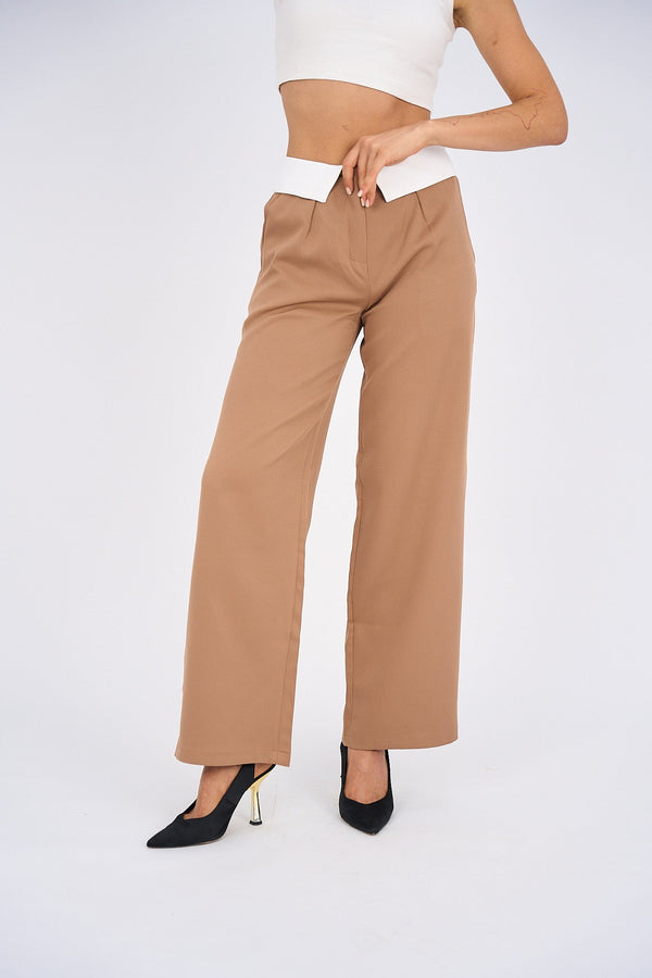 Reversed Waistband Wide Leg Pants - Beige-0