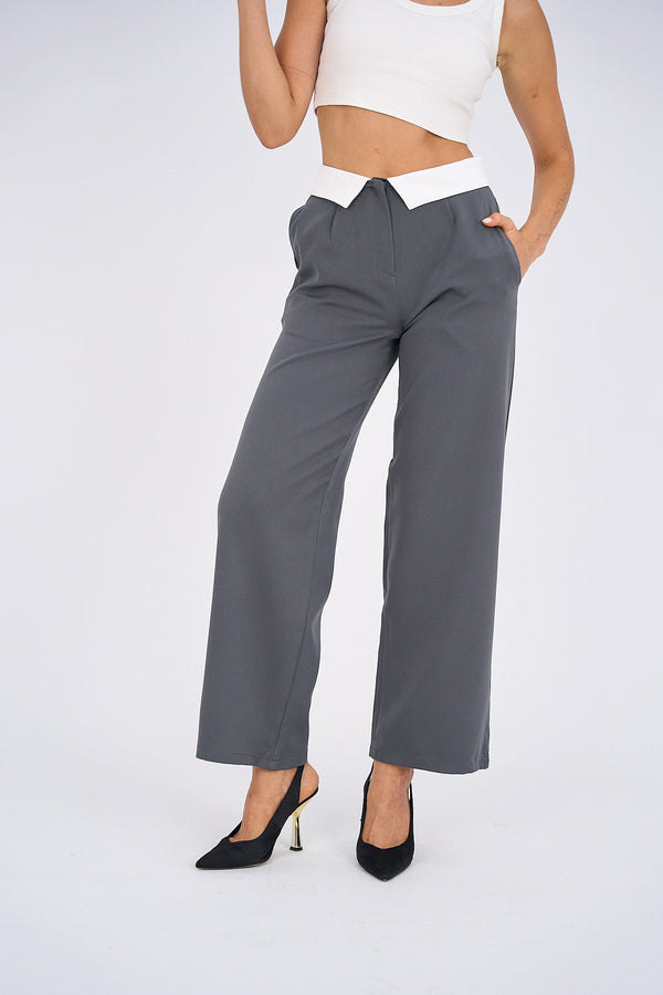 Reversed Waistband Wide Leg Pants - Gray-0