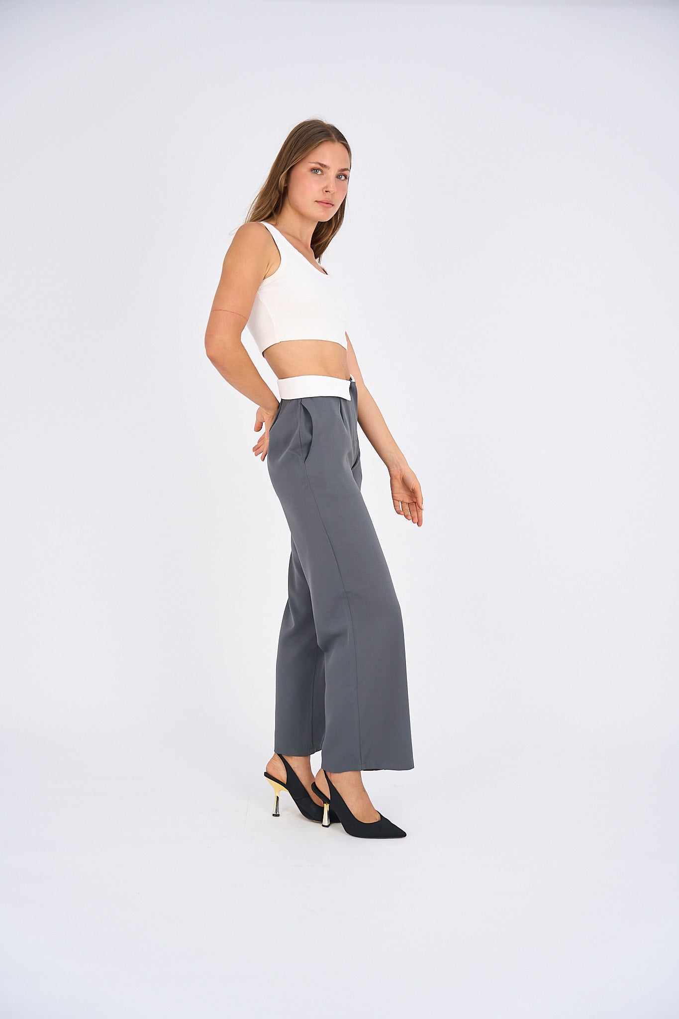 Reversed Waistband Wide Leg Pants - Gray-3