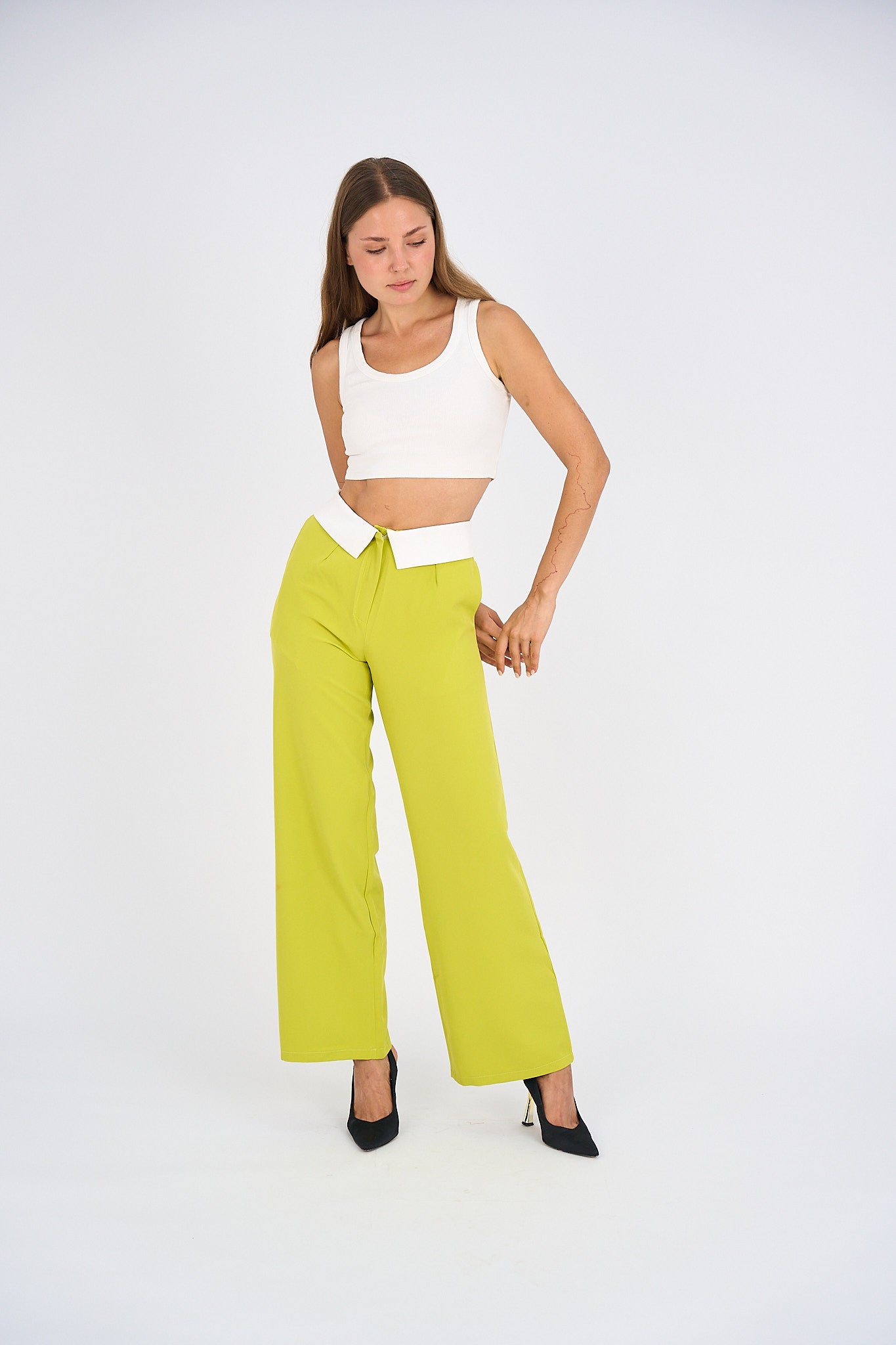 Reversed Waistband Wide Leg Pants - Lime Green-2