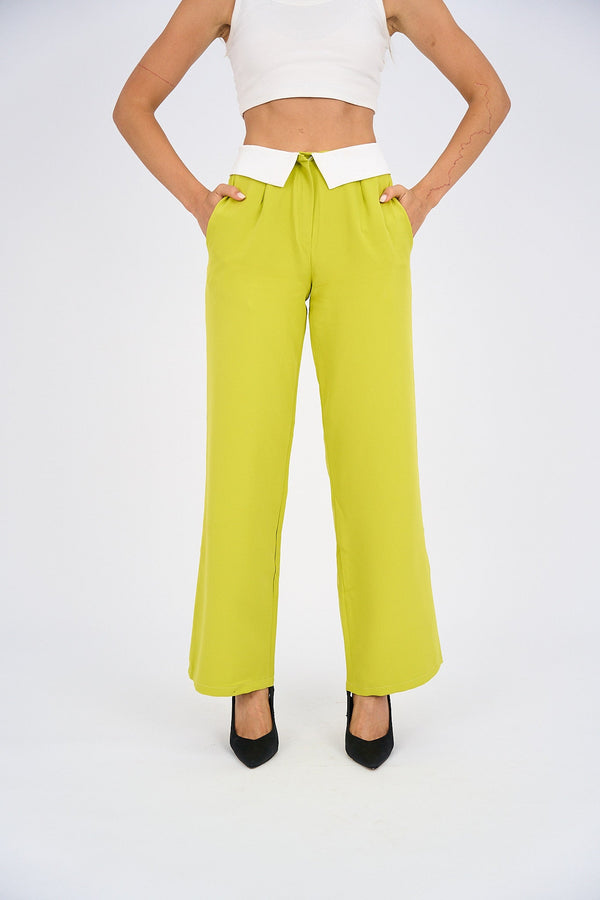 Reversed Waistband Wide Leg Pants - Lime Green-0