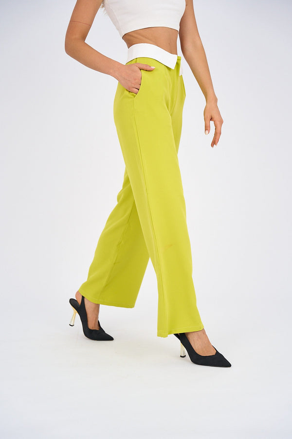 Reversed Waistband Wide Leg Pants - Lime Green-1