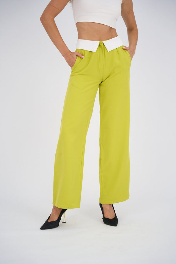 Reversed Waistband Wide Leg Pants - Lime Green-4