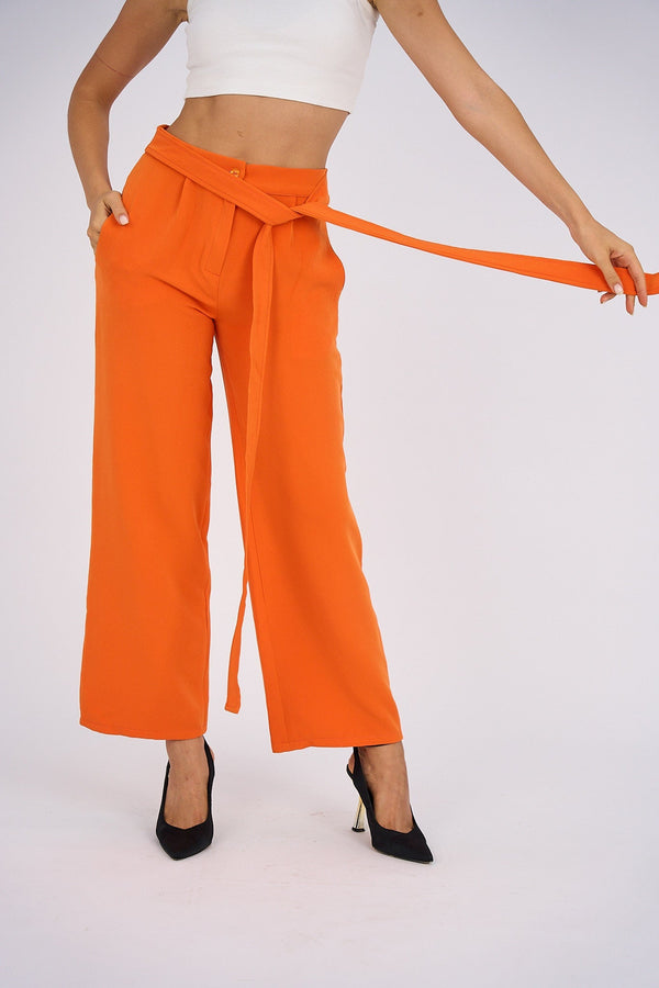 Belted Wide Leg Pants - Orange-0