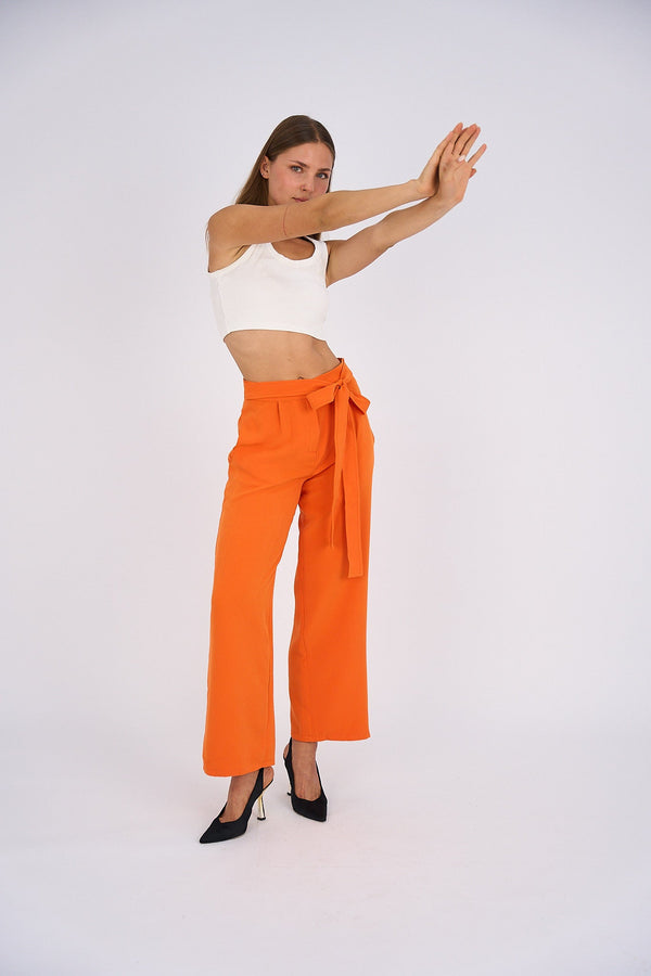 Belted Wide Leg Pants - Orange-2