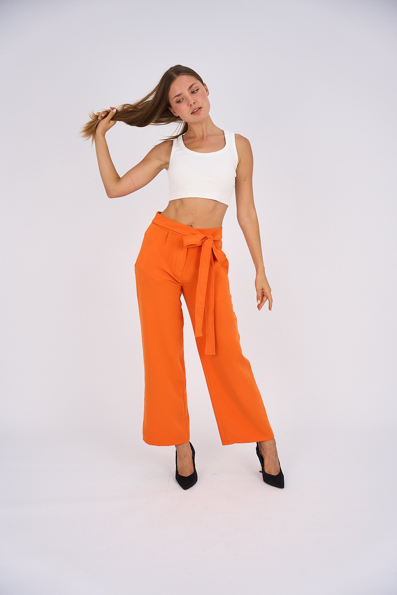 Belted Wide Leg Pants - Orange-4