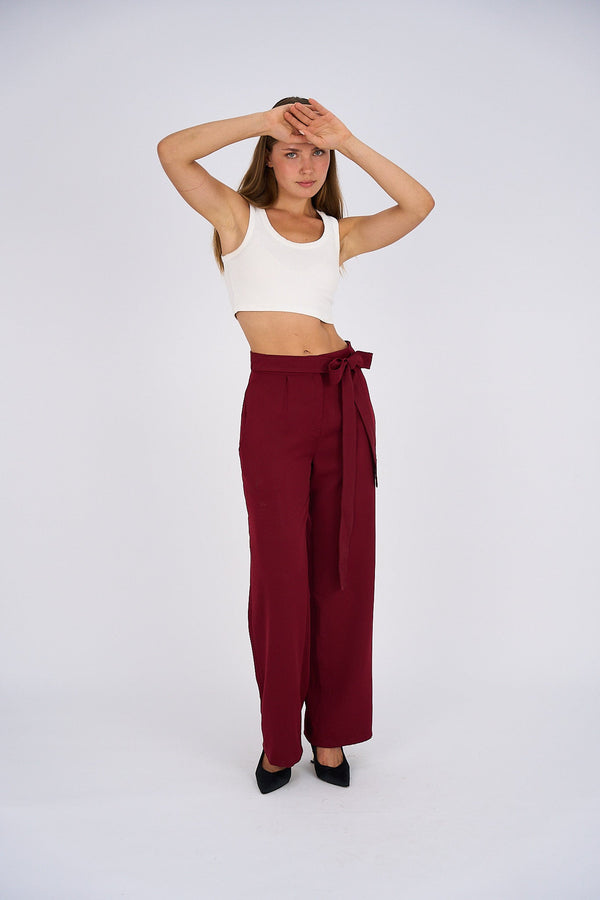 Belted Wide Leg Pants - Burgundy-4