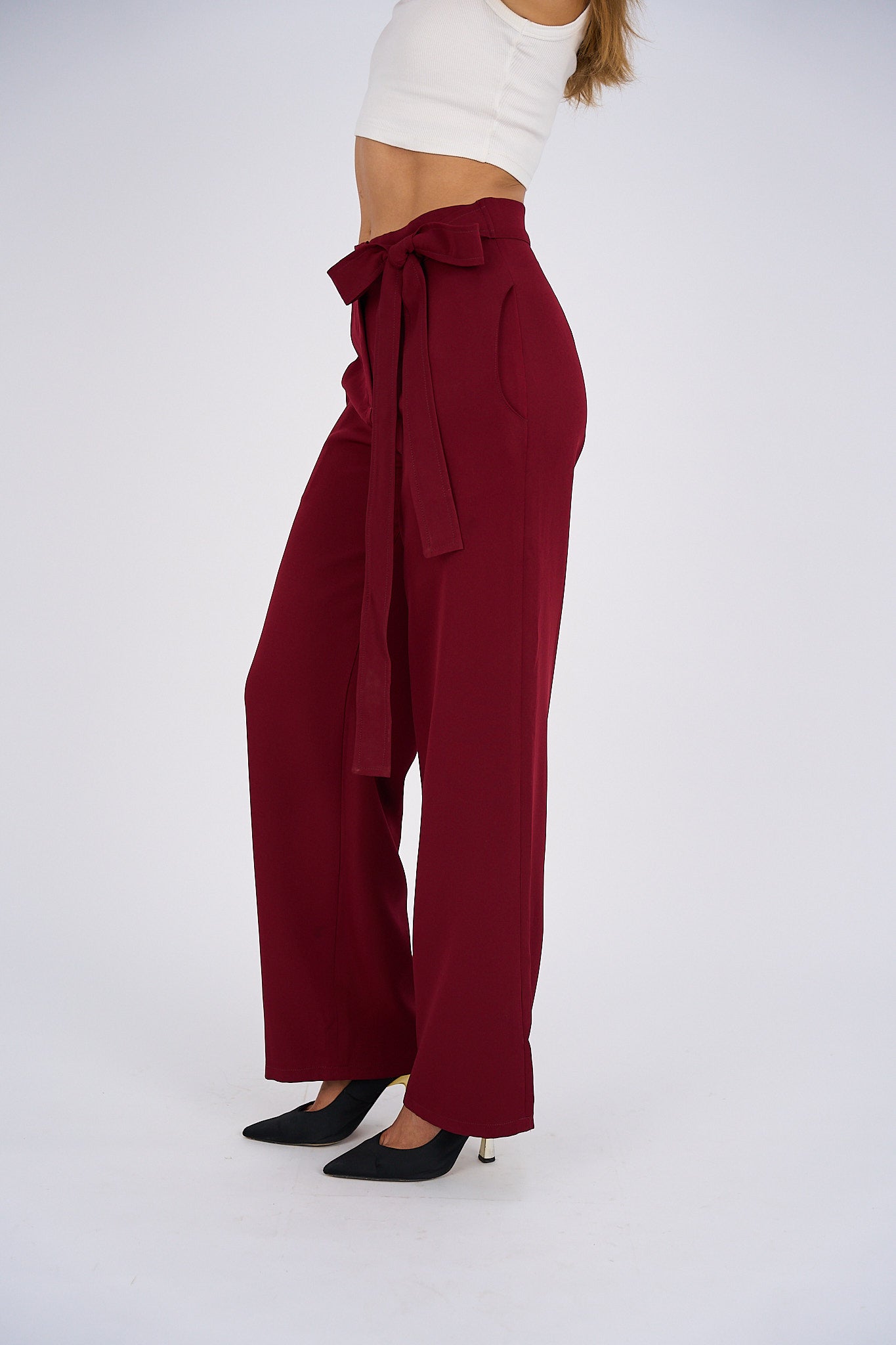 Belted Wide Leg Pants - Burgundy-2